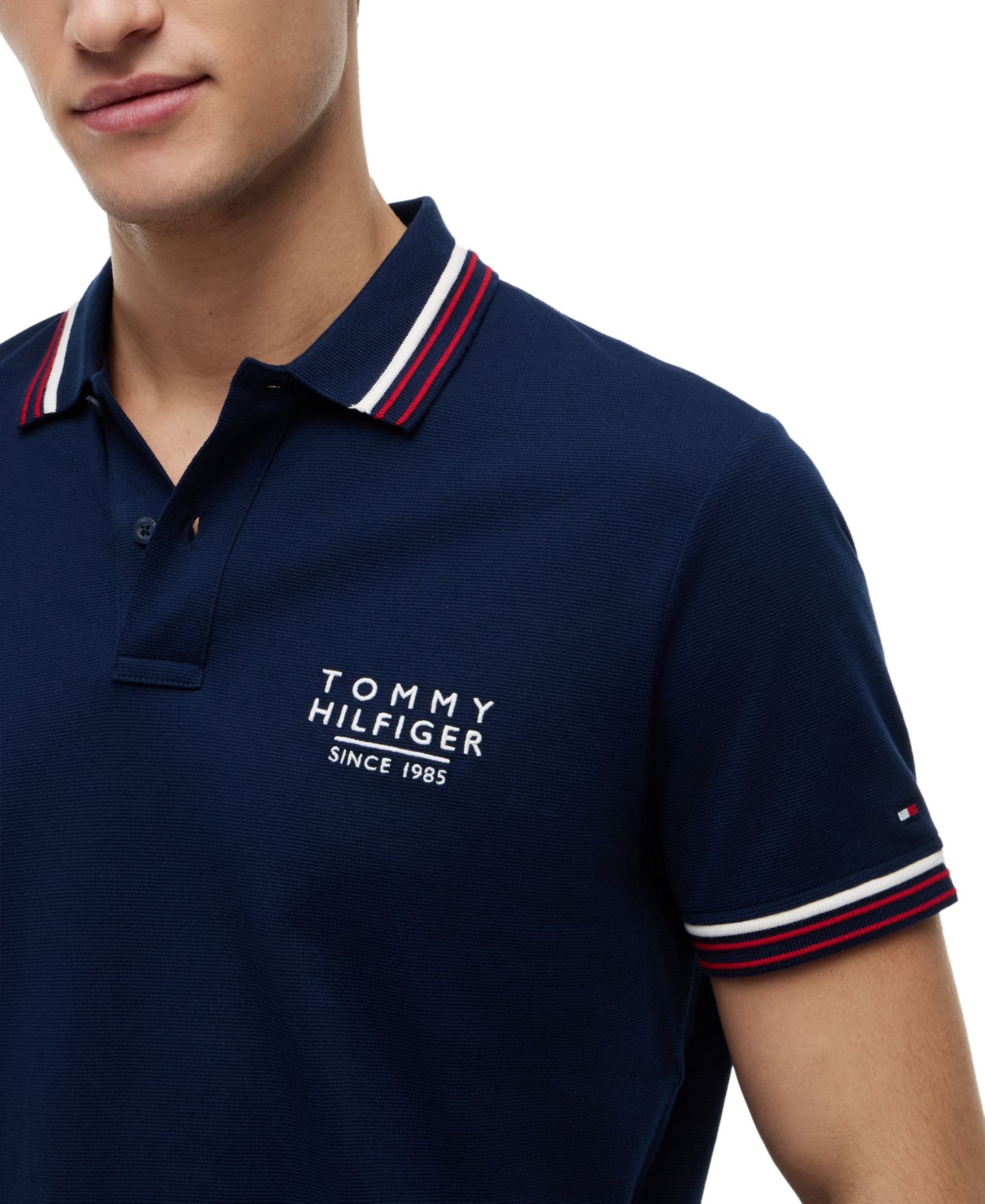 Мужская рубашка Tommy Hilfiger Regular-Fit Red, White, and Blue Collar & Cuff Stripe Polo Shirt, цвет: Карбоновый тёмно-синий — фото 3
