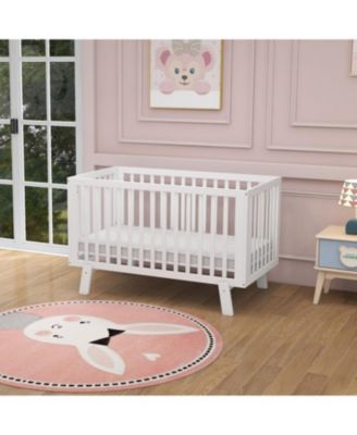Rubber Wood Baby Crib with Adjustable Mattress Heights and Guardrails-White