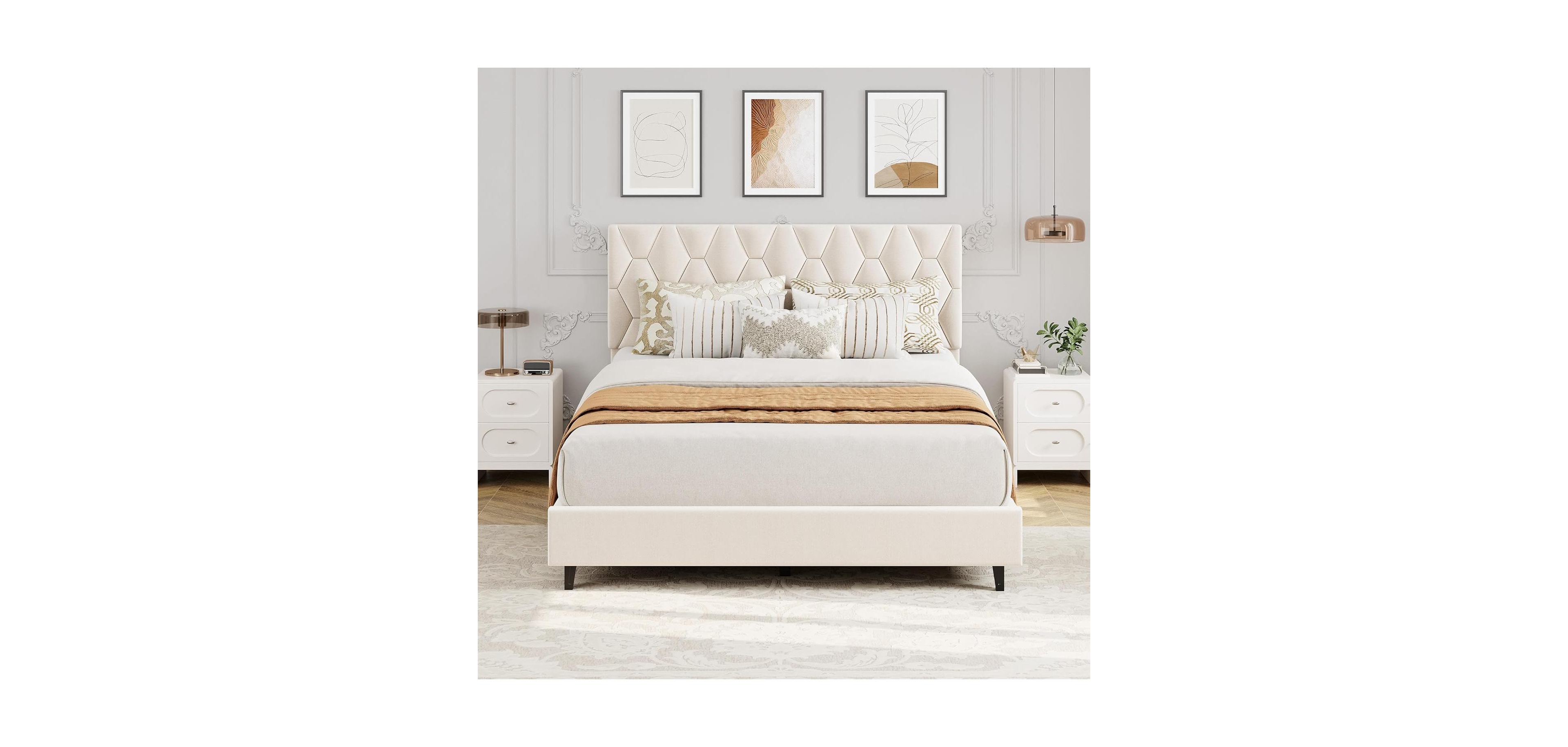 gaomon Queen Upholstered Platform Bed Frame with Wooden Slats