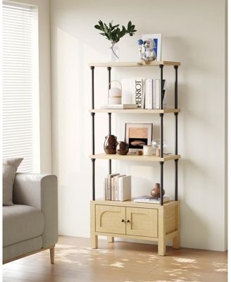 4 Tier Wood Bookshelf with Door and Storage Cabinet