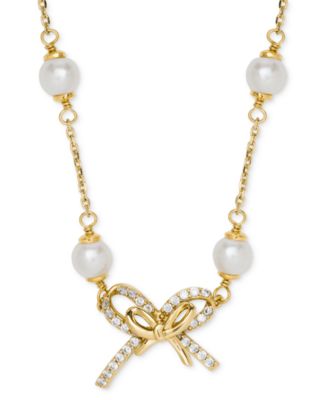 Girlie Pearlie Cubic Zirconia & Imitation Pearl Bow Scatter Necklace