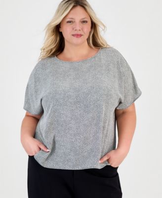 Plus Size Printed Bateau-Neck Short-Sleeve Blouse