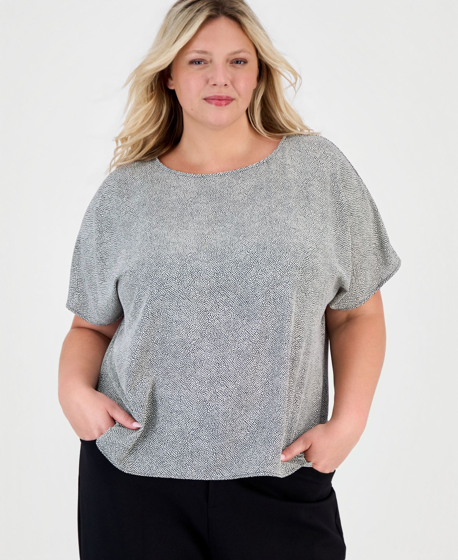 Plus Size Printed Bateau-Neck Short-Sleeve Blouse