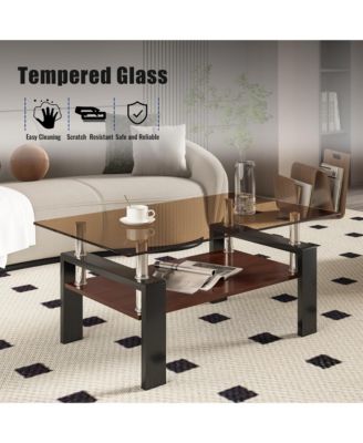 2-Tier Coffee Table, Rectangle Center Table with Tempered Glass Top, MDF Shelf and Metal Legs for Living Room, Home Office