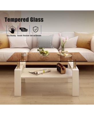 Modern 2-Tier Coffee Table, Rectangle Center Table with Tempered Glass Top, MDF Shelf and Metal Legs for Living Room, Home Office