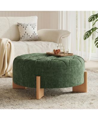 32" Round Tufted Ottoman - Modern Coffee Table with Solid Wood Legs, Tufted Buttons and Piping Lines, Center Table for Living Room