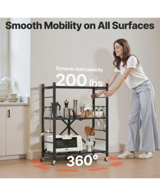 3-Tier Foldable Storage Shelf, Folding Metal Storage Shelving Unit with 5 Wheels and 4 Hooks for Kitchen, Garage, Basement
