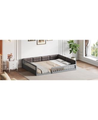 Full Size Wood Upholstered Platform Bed Guardrail Fluffy Pillows Pine Wood MDF