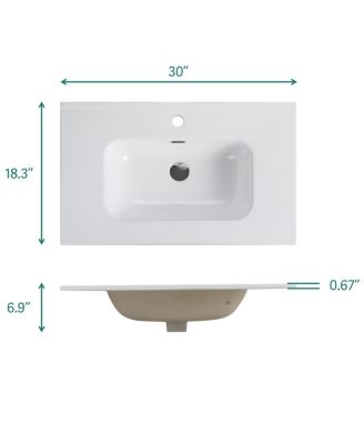 30" Modern Walnut Wall Mount Vanity With Ceramic Sink, Single-Hole Top U-Channel Storage, DTC Silent Close