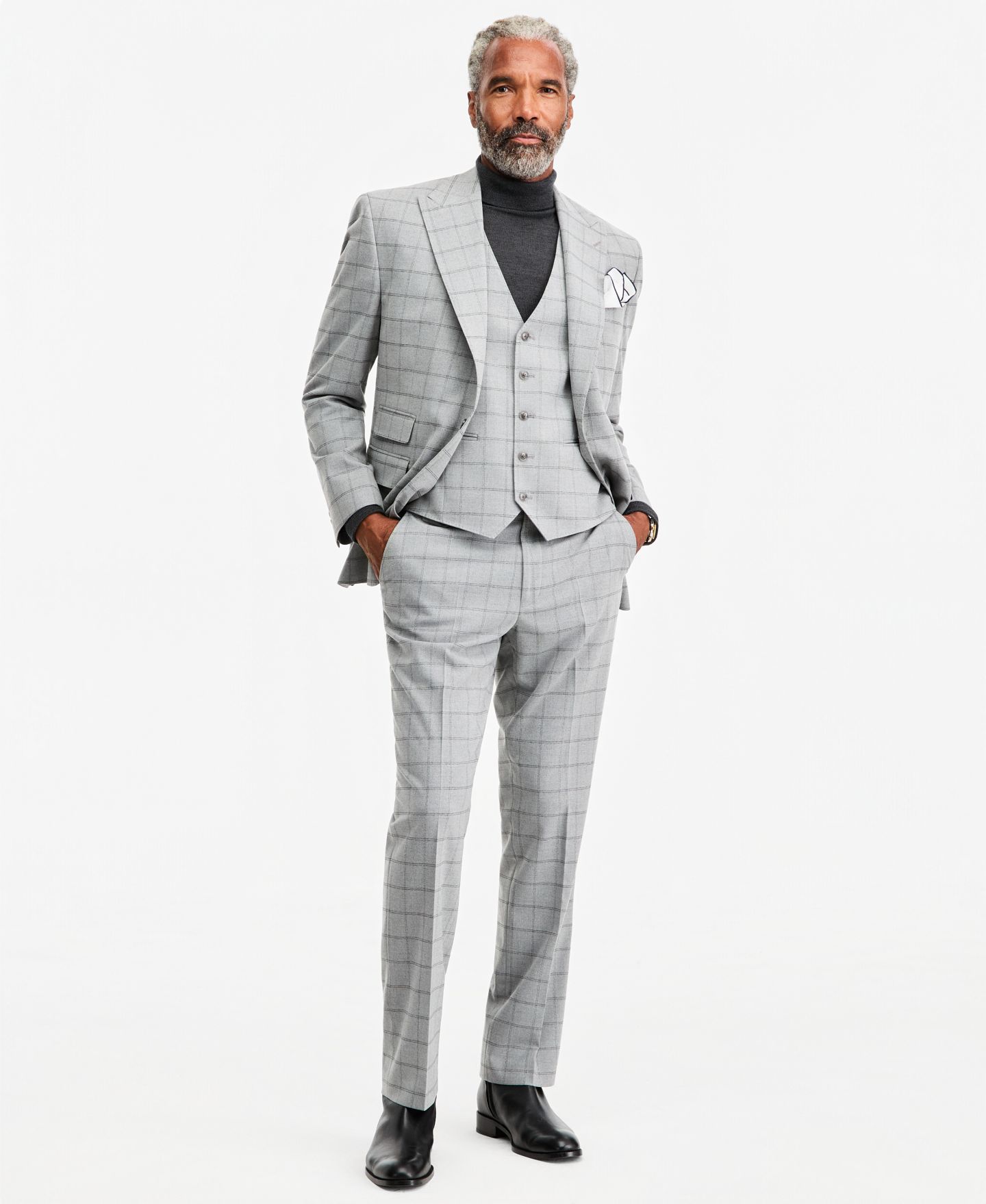 Мужские комплекты Tayion Collection Classic-Fit Gray & Black Check Suit Separates, цвет: Серый чёрный — фото 3