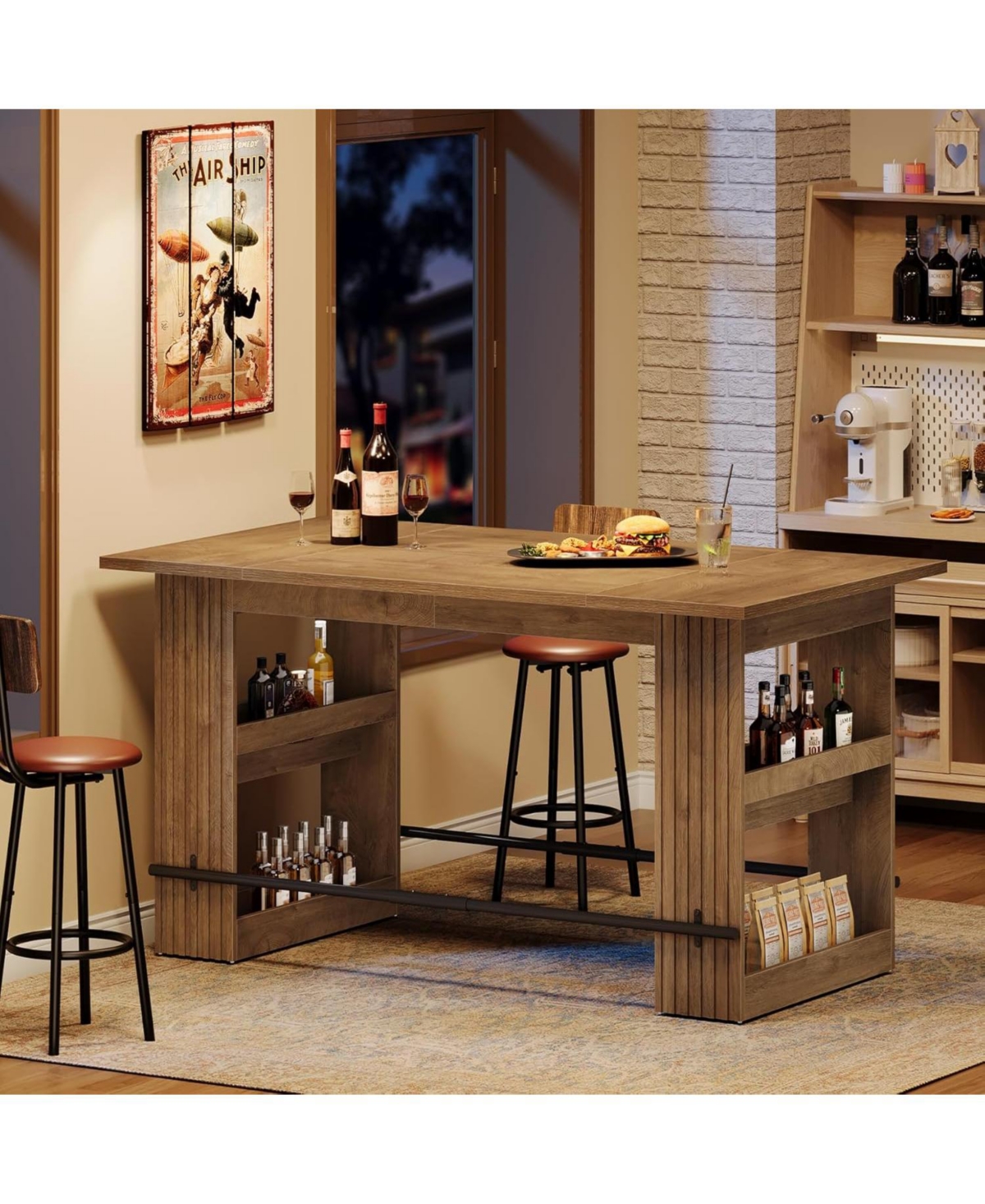 Tribesigns 63-Inch Bar Table, Home Bar Units with Footrest & Storage Shelves, Counter Height Pub Dining Table