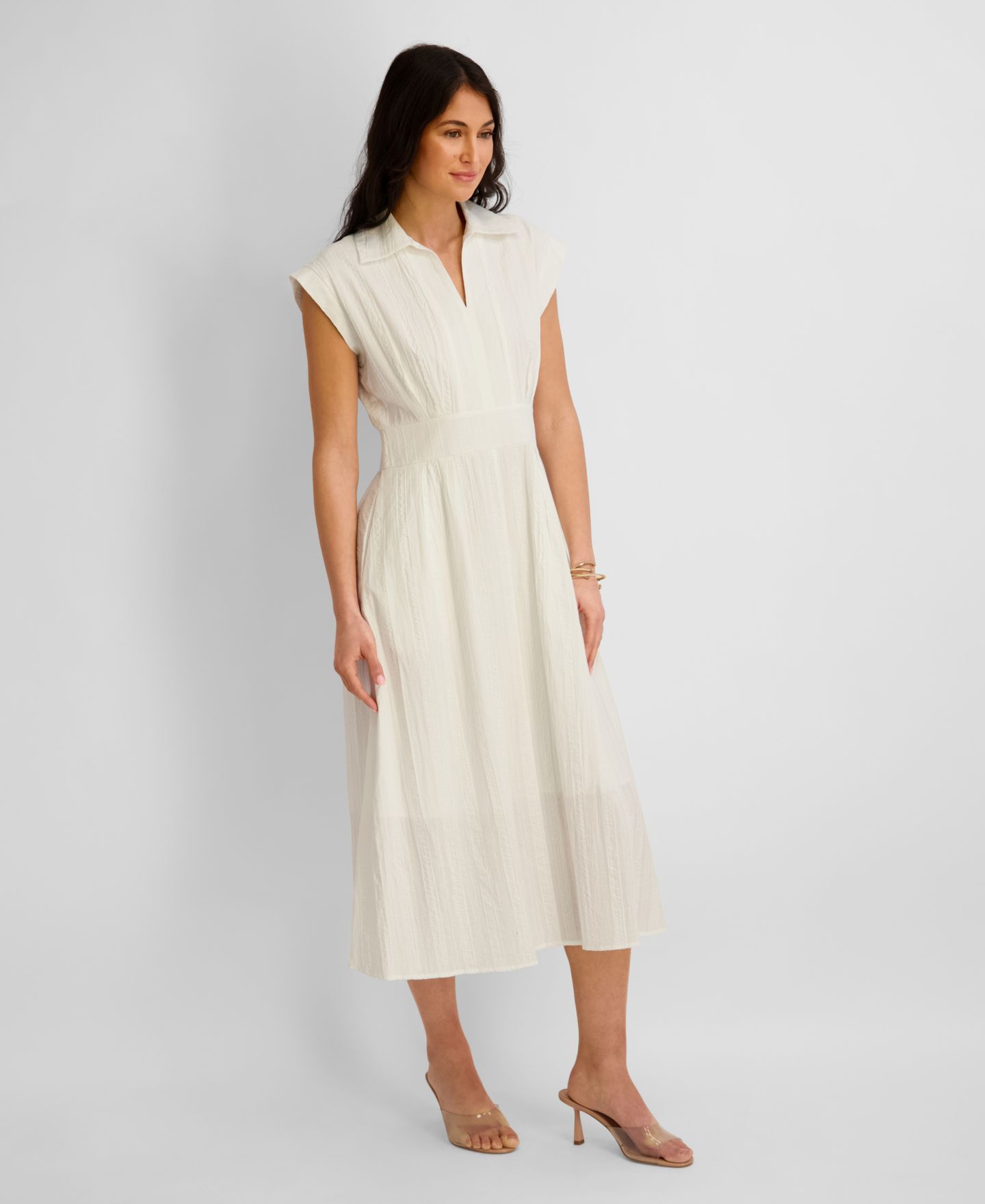 Женское платье Kensie Textured Stripe Midi Collared Shirt Dress, цвет: Белый — фото 4