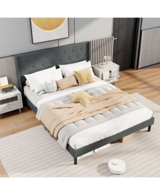 Upholstered Bed Frame with Button Tufted Wingback Headboard and Wooden Slats Support Mattress Foundation