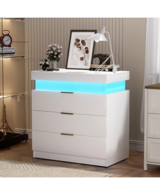 Modern Nightstand with Storage Space and LED Light Glass Top Jewelry Storage Bedside Table