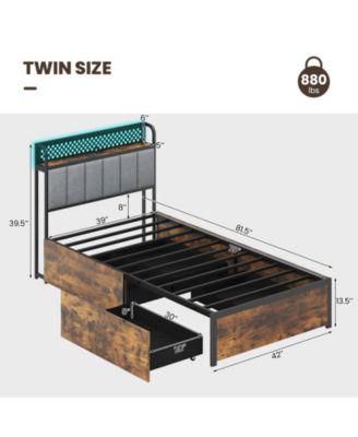 Twin size Bed Frame with LED Lights Upholstered Headboard and 4 Storage Drawers