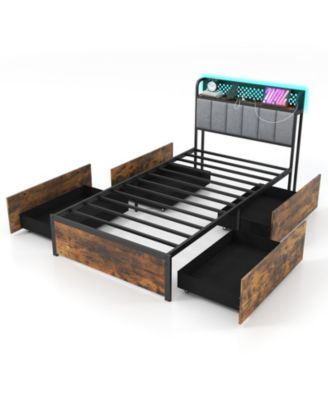 Twin size Bed Frame with LED Lights Upholstered Headboard and 4 Storage Drawers