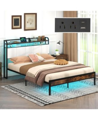 Queen Size Bed Frame with LED Light and Charging Station