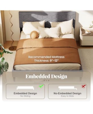 Queen Size Bed Frame Modern Platform Bed with Linen Fabric Upholstered Headboard