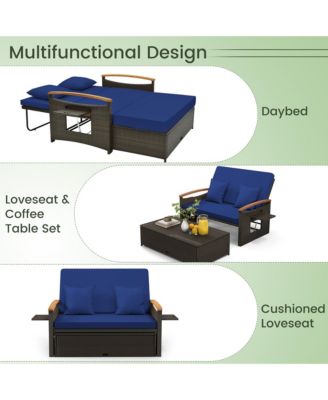 Outdoor Wicker Daybed Patio Loveseat and Storage Ottoman Set w/ Navy Cushions