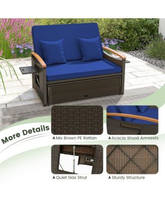 Outdoor Wicker Daybed Patio Loveseat and Storage Ottoman Set w/ Navy Cushions