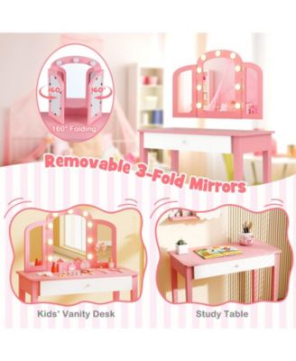 2-in-1 Kids Vanity Table Set with Tri-Folding Detachable Mirror and LED Lights