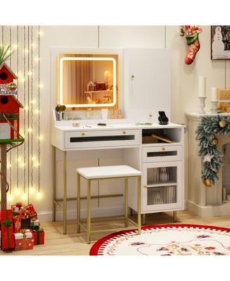 Modern Makeup Vanity Desk with Lighted Mirror Jewelry Cabinet and Stool Set