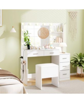 Makeup Table and Stool Set with Hair Dryer Stand and 5 Drawers