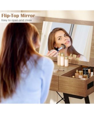 Flip Top Mirror Vanity Desk with Power Outlets and Storage Compartments