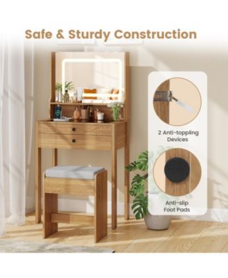 Small Vanity Desk with LED Mirror and Cushioned Stool for Small Spaces