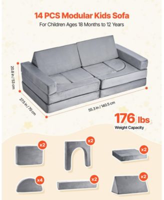 14-Piece Modular Kids Play Couch with Armrests, Convertible Sectional Toddler Sofa