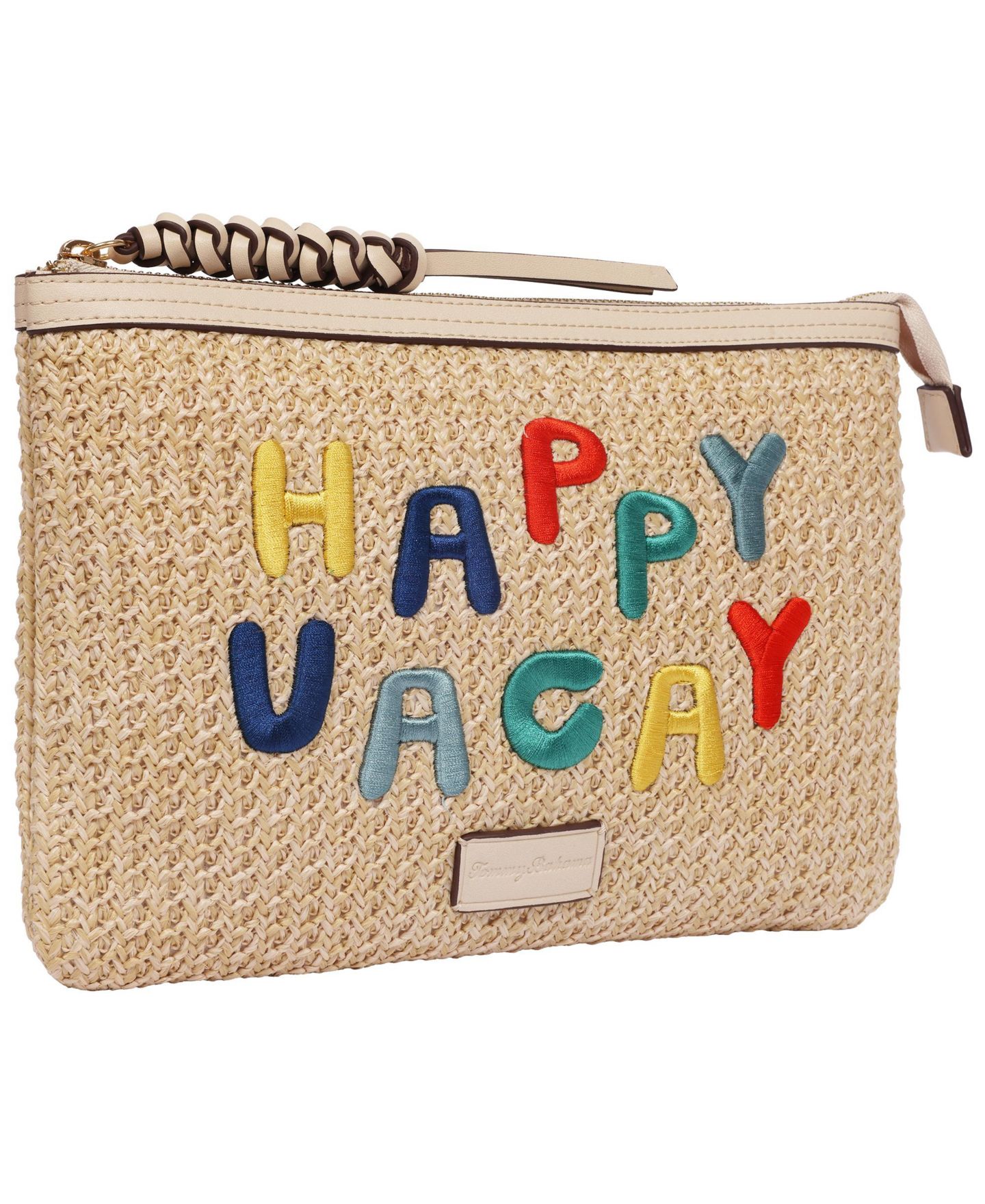 Женский клатч Tommy Bahama Happy Vacay Raffia Clutch - Woven Straw Zip Pouch with Embroidered Lettering, цвет: Кремовый — фото 2