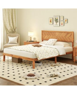 Rubberwood Platform Bed Frame with Storage Drawers and Headboard