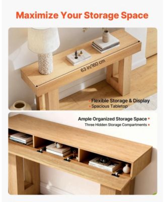 63 Inch Farmhouse Console Table with Shelf and Hidden Storage