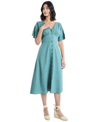 Women's Button-Front V-Neck Midi Dress