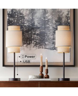 Tull 27" Tall Modern Table Lamps Set of 2 USB Port AC Power Outlet Living Room Charging Tan Tiered Shade