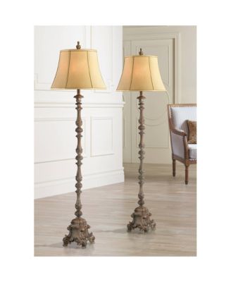 French Traditional 62" Tall Standing Floor Lamps Set of 2 Lights Candlestick Faux Wood Finish Living Room