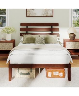 Metal and Wood Platform Bed Frame with Headboard and Retro Headboard