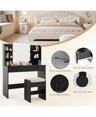 Makeup Vanity Set with Lighted Mirror Power Outlet and Cushioned Stool