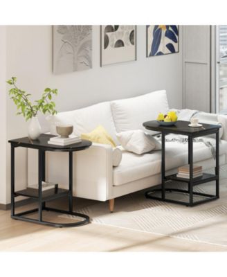C-Shaped Modern Sofa Side Table with Faux Marble Top and Storage Shelf