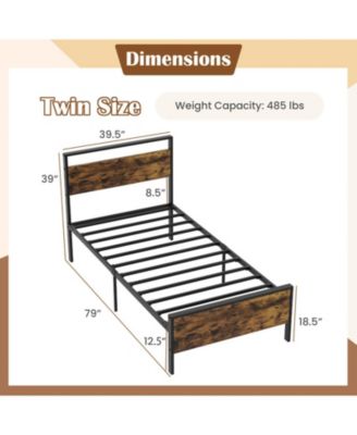 Twin Metal and Wood Platform Bed Frame with Headboard and Industrial Design