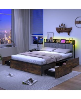 Bed Frame with LED Lights Upholstered Headboard Storage Drawers
