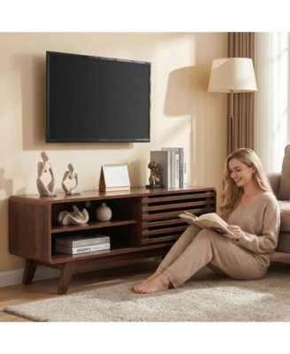 TV Stand with Slatted Sliding Door, Mid Century Modern Media Console Table for 50 Inch TV, Entertainment Center for Living Room