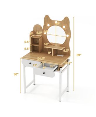 Small Vanity Desk with Round Lighted Mirror and Power Outlets