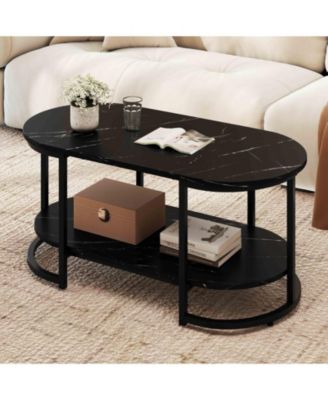 39.5 in Faux Marble 2-Tier Coffee Table with Metal Frame