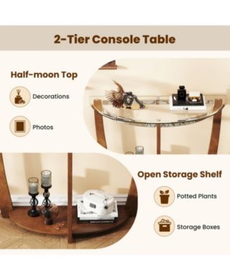 40 in Half-Moon Tempered Glass Console Table with Open Shelf