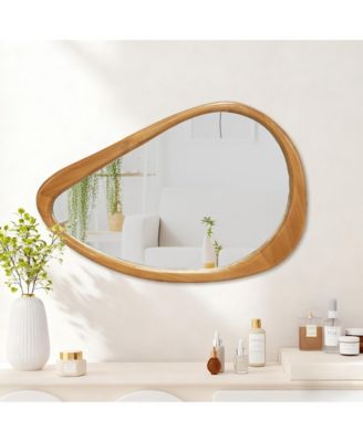 Modern Irregular Teardrop Wooden Wall Mirror, 29.92"x20.08" for Bathroom Bedroom Living Room