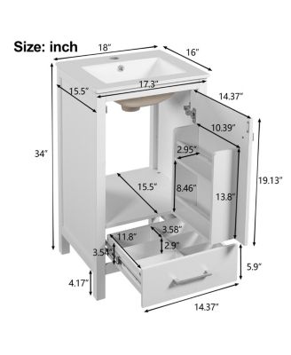 18 Inch Bathroom Vanity with Ceramic Sink, Soft Close Storage Drawer and Door, Freestanding Cabinet for Small Spaces