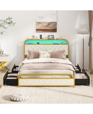 Full Metal Platform Bed Frame with LED Lights and Charging Station