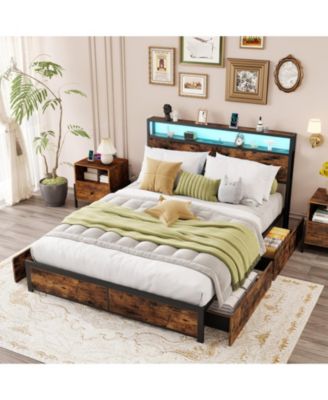 Queen Metal and Wood Bed Frame with LED Lights and Charging Station and Storage Drawers