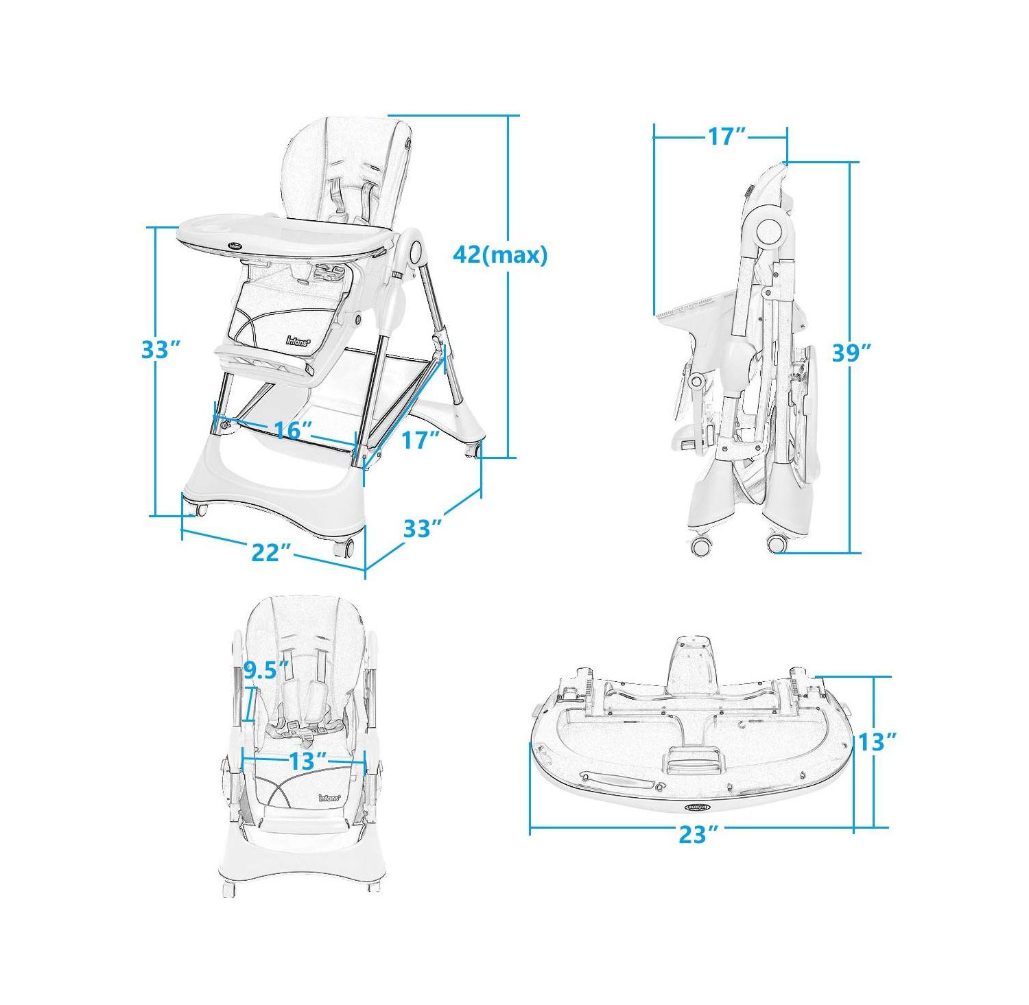 A Shaped Baby High Chair with Lockable Wheels